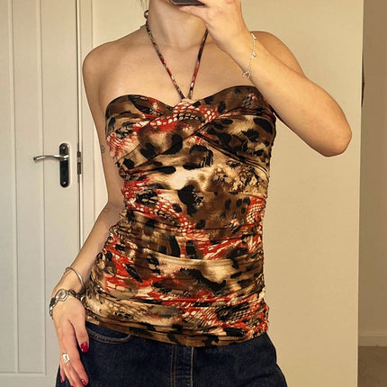 Retro Printed Backless Halter Vest