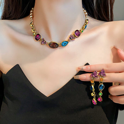 Rhinestone-encrusted Flower Necklace & Earrings Combination