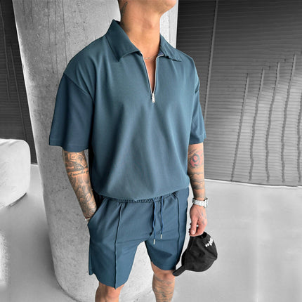 New Zipper Polo Casual Short Sleeve Drawstring Shorts Set