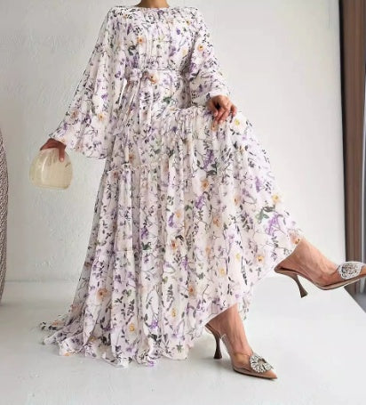 Chiffon Floral Long Dress with Belt – Elegant Maxi Dress