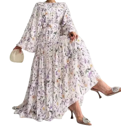 Chiffon Floral Long Dress with Belt – Elegant Maxi Dress
