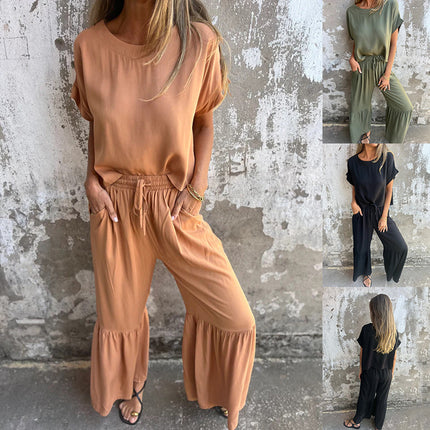 Short-sleeved Round Neck Pullover Top and Drawstring Wide-leg Pants Set