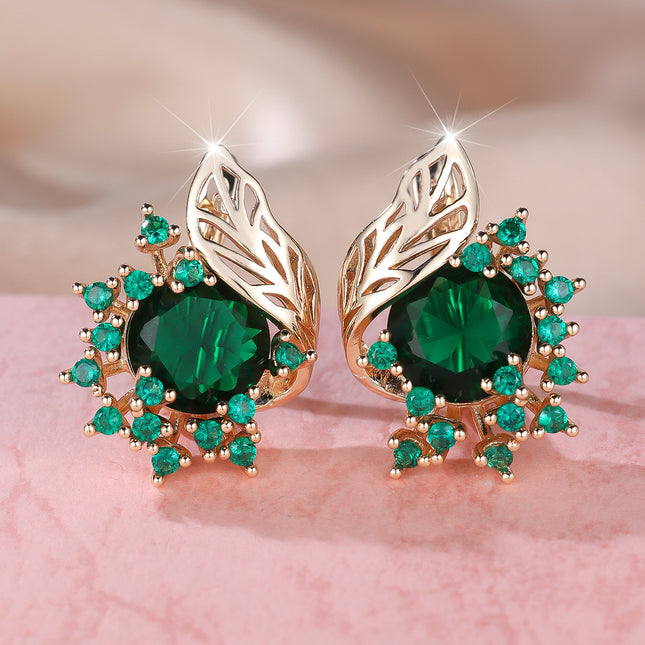 Round Flower Feather Zircon Earrings