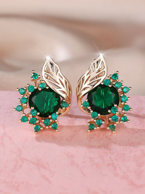 Round Flower Feather Zircon Earrings