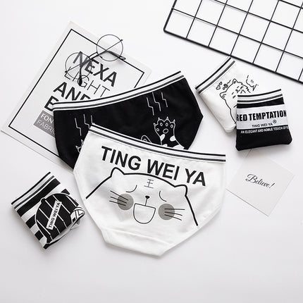 Black And White Cute Cartoon Mid Waist Sheath Breathable Underwear