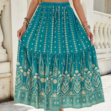 Rayon Printed Stitching Wide Hem Skirt
