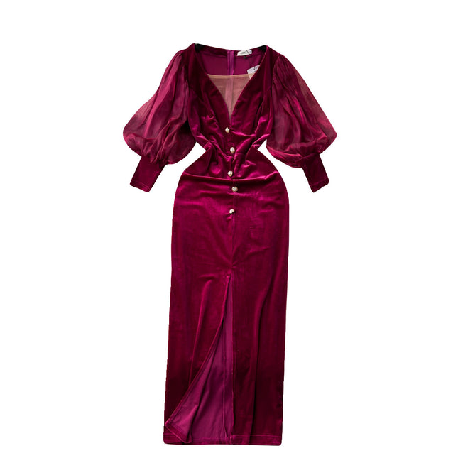 Vintage Velvet Luxury Lantern Sleeve Split Knee-length Dress