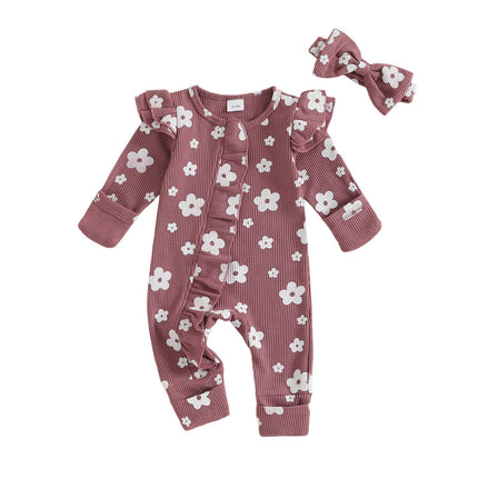Baby Girls Cotton Floral Jumpsuit with Zipper & Headband - 0-18 Months