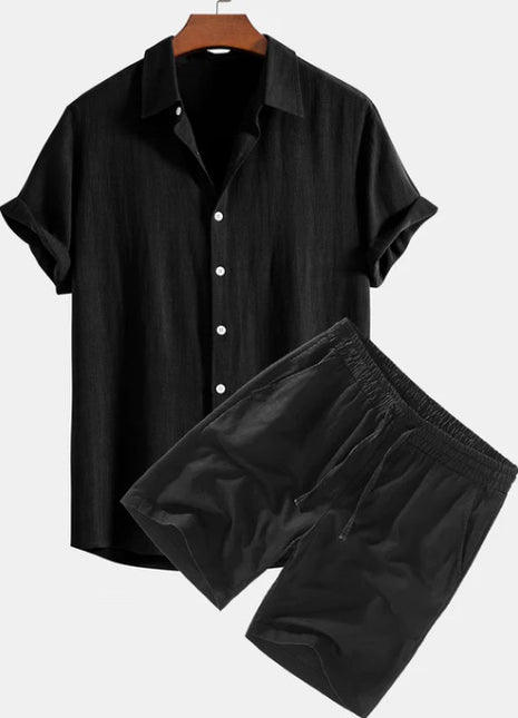 Traje de pantalones cortos y camisa de manga corta casual de color liso para hombre