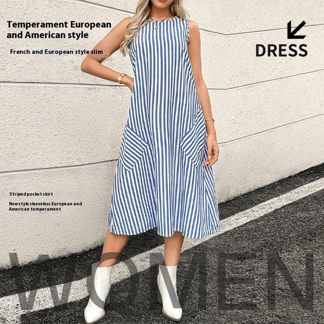 Round Neck with Pocket Striped Dress