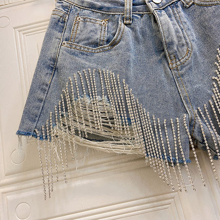 Fringed Chain Jeans High Waist Slim Beading Tide Shorts