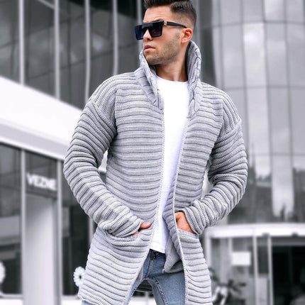 Knitted Cotton Ribbed Jacquard Lapel Cardigan Sweater