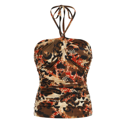 Retro Printed Backless Halter Vest