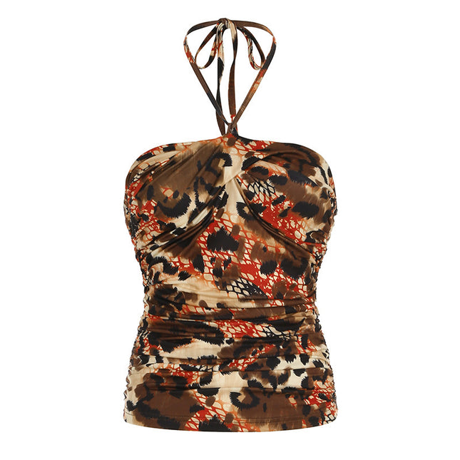 Retro Printed Backless Halter Vest