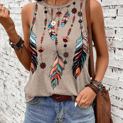 Women's Feather Print Vest Summer Print