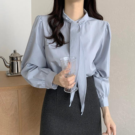 Korean Gentle Lace-up Bow Tie Puff Sleeve Shirt