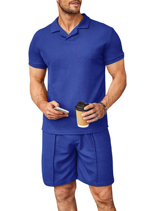 Summer New Waffle V-neck Polo Shirt Suit