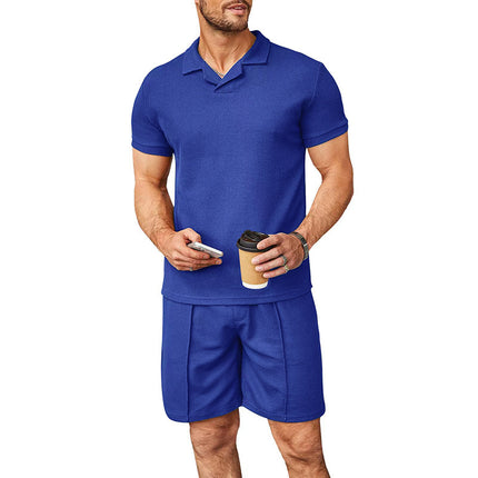 Summer New Waffle V-neck Polo Shirt Suit