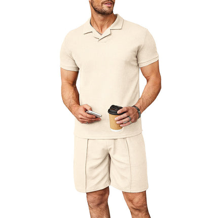 Summer New Waffle V-neck Polo Shirt Suit