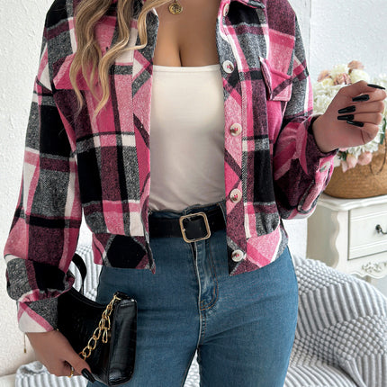 Plaid Faux Pocket Long Sleeve Woolen Coat