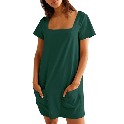 Square Collar Short Sleeve Short Skirt Pocket Dress