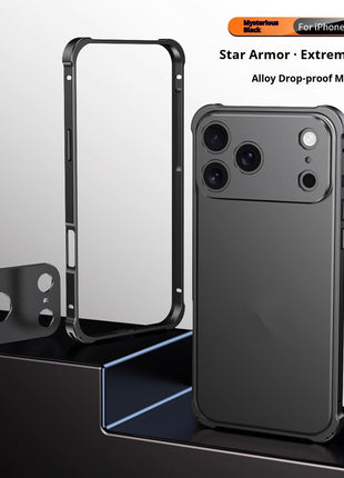 iPhone 17 Four-Corner Anti-Drop Metal Frame Case with Lens Cap