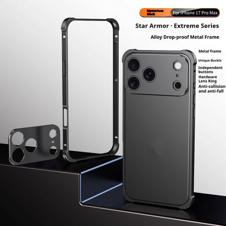 iPhone 17 Four-Corner Anti-Drop Metal Frame Case with Lens Cap