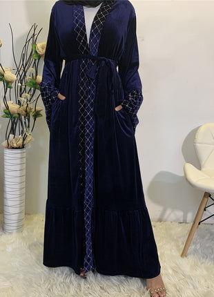 Navy Blue Velvet Gilded Abaya