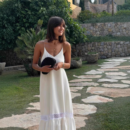 V-neck Sling Lace Patchwork Long Dress