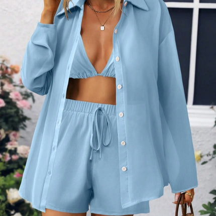 Transparent Long Sleeved Shirt Short Pants and Bra Three Piece Set