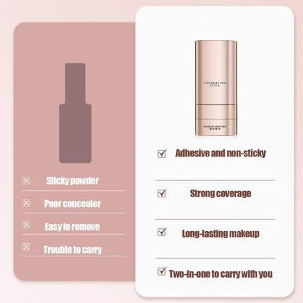 Product card with foundation stick and list of features on a pink background
