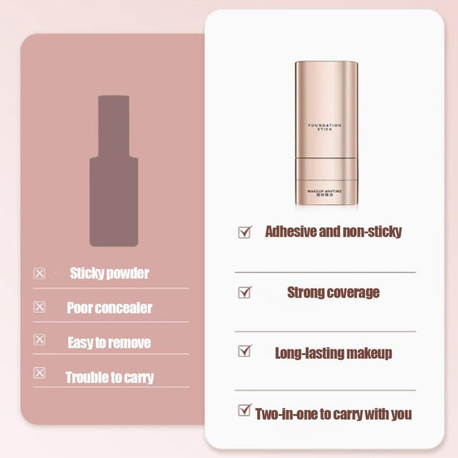 Product card with foundation stick and list of features on a pink background