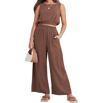 Round Neck Sleeveless Lower Hem High Waist Wide Leg Two-piece Set