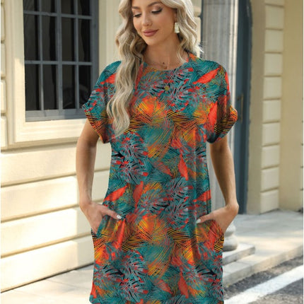 Loose Crew Neck Short Sleeve Pocket Dress