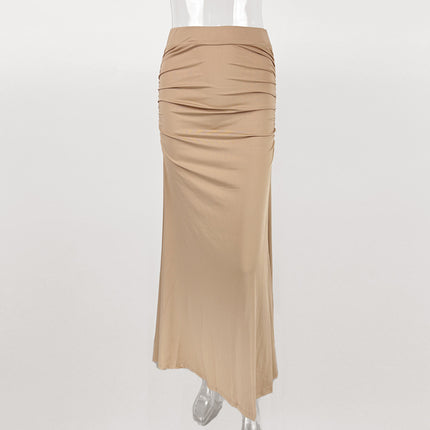 Stretch Silk Slim Hip Pleated Wide Hem Long Skirt