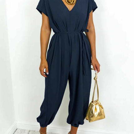 V-neck Lace-up Waist Wide Leg Jumpsuit