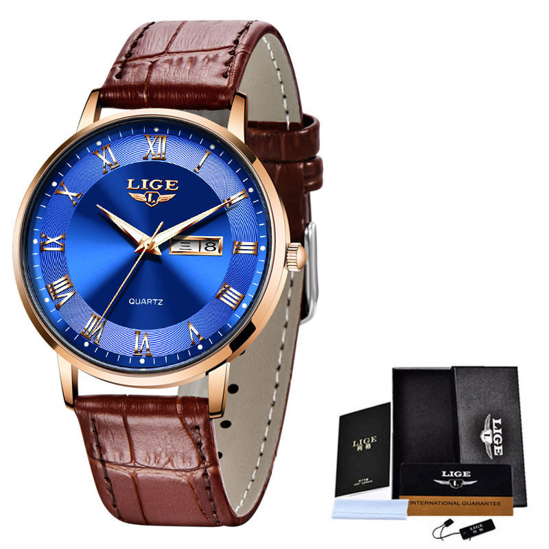 Elegant Thin Ladies Quartz Watch – Dual Calendar Waterproof Timepiece