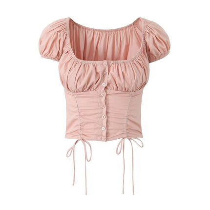 Drawstring Lace Shell Button Short Top