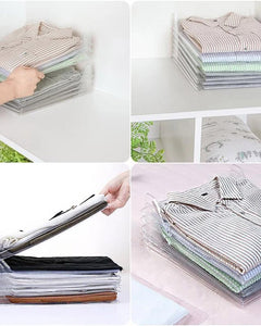 Collage of images showing a person using clear plastic garment bags to organize folded shirts.