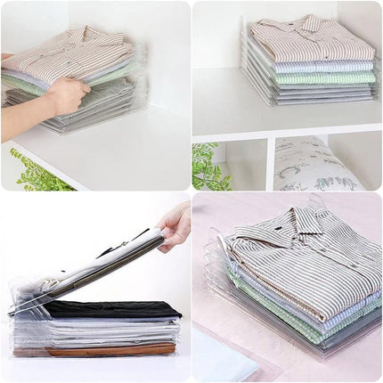 Collage of images showing a person using clear plastic garment bags to organize folded shirts.