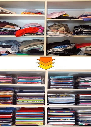 Clothing on shelves with an arrow pointing downwards
