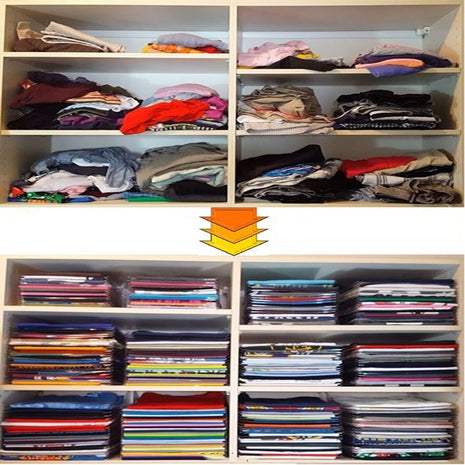 Clothing on shelves with an arrow pointing downwards