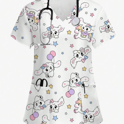 Vibrant Print Scrub Top Casual V-Neck Short Sleeve