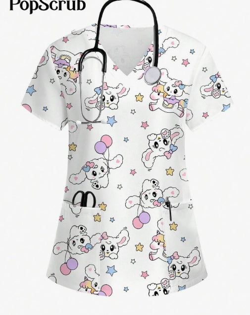 Vibrant Print Scrub Top Casual V-Neck Short Sleeve