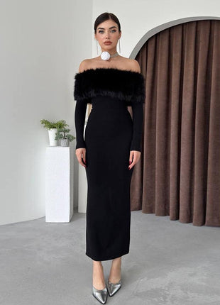Off-shoulder Fur Collar Slim Fit Dress