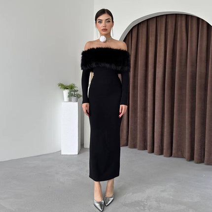 Off-shoulder Fur Collar Slim Fit Dress