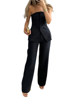 Graceful Sleeveless Tube Top Button and Long Trousers Set