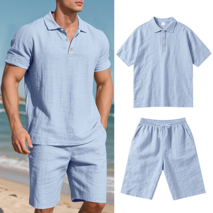 Summer Loose Casual Linen Breathable Short Beach Sleeve Shorts Set