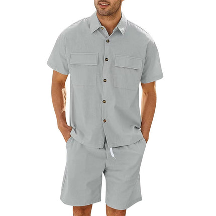 Cotton Short Sleeve Pockets Shirt And Drawstring Shorts Set