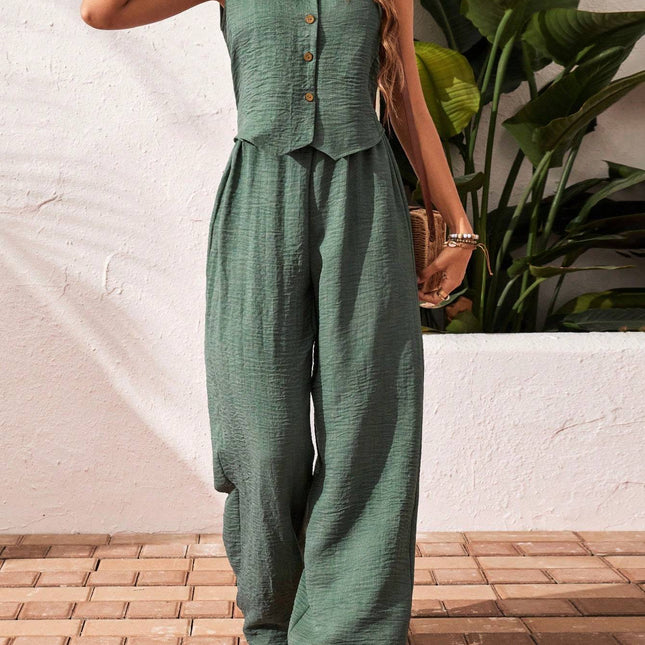 Front Button Sleeveless Blouse And Long Pants Casual Suit Set